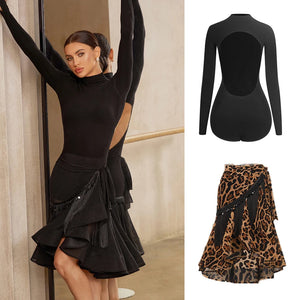 Women's Black Long Sleeve Mock Neck Open Back Leotard with Ruffled Tassel Latin Dance Skirt