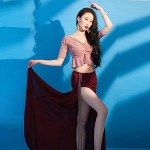 Women's Green Glitter Slit Maxi Skirt & Ruffled V-Neck Top Belly Dance Costume