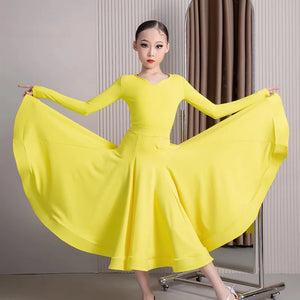 Girls' Navy Blue Long Sleeve V-Neck Ballroom Latin Dance Dress with Finger Loops