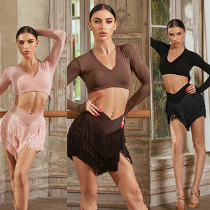 Women's Pink, Brown, Black V-Neck Long Sleeve Crop Top & Fringe Latin Dance Skirt Set