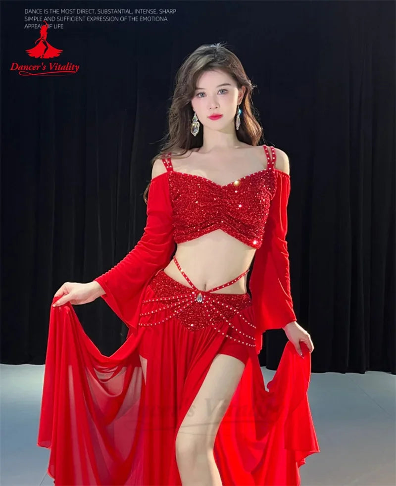 Women's Red Sequin Off-Shoulder Crop Top & Slit Skirt Belly Dance Costume