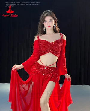 Women's Red Sequin Off-Shoulder Crop Top & Slit Skirt Belly Dance Costume