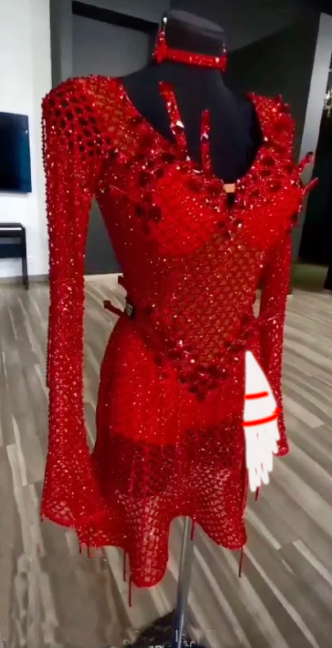 Women's Red Sequin Mesh Drip Hem Latin Ballroom Dance Dress
