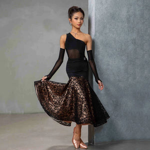 Women's Black One-Shoulder Mesh & Lace Ballroom Dance Dress with Arm Sleeves