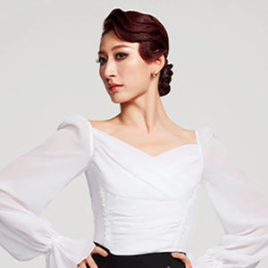 Women's Black & White Chiffon & Spandex Ruffled Wide-Leg Ballroom Dance Pants & Blouse Set