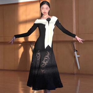 Women's Black and Cream Off-Shoulder Long Sleeve Lace Ballroom Dance Dress
