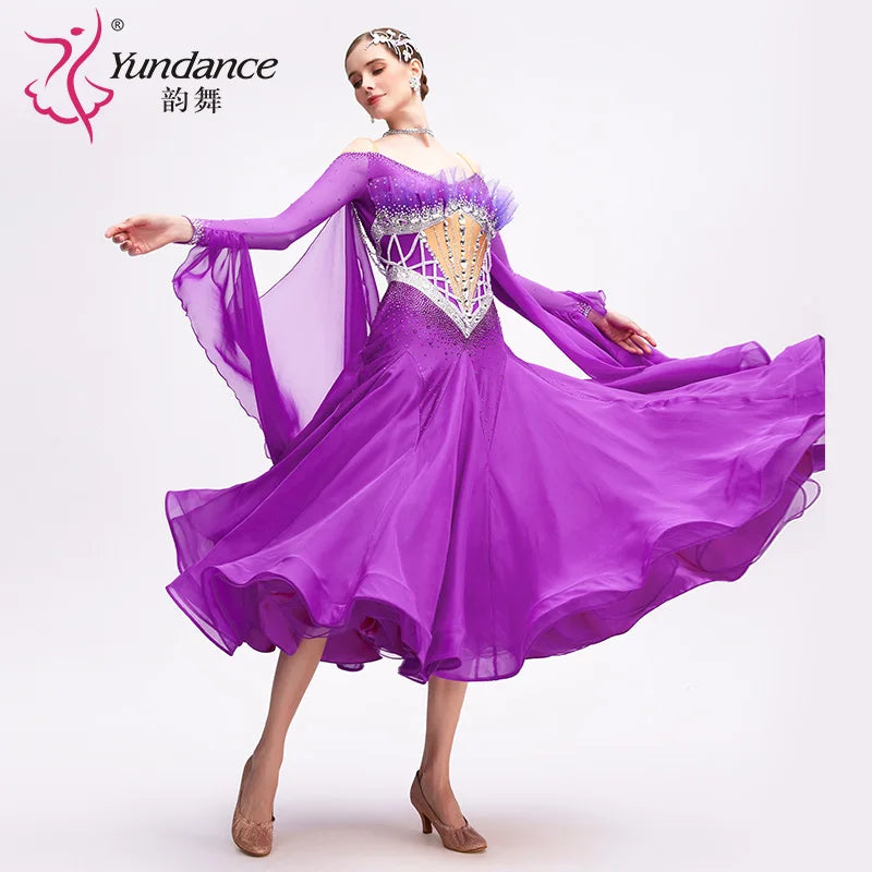 Women's International Standard Ballroom Dance Dress With Chiffon In Amaranth For Competition