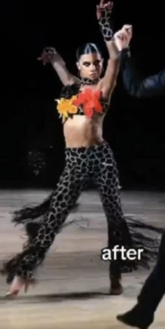 Women's Black & White Leopard Print Fringe Latin Dance Pants Set with Floral Appliqué Top