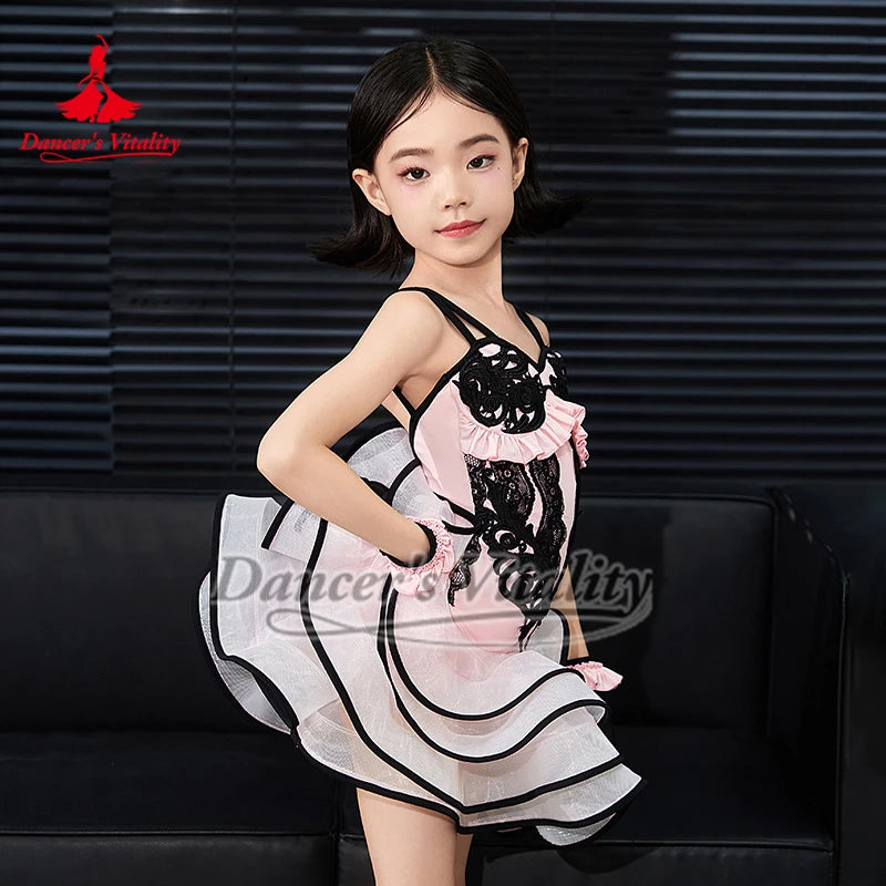 Girls' Pink & Black Lace Ruffle Latin Dance Dress with Gloves