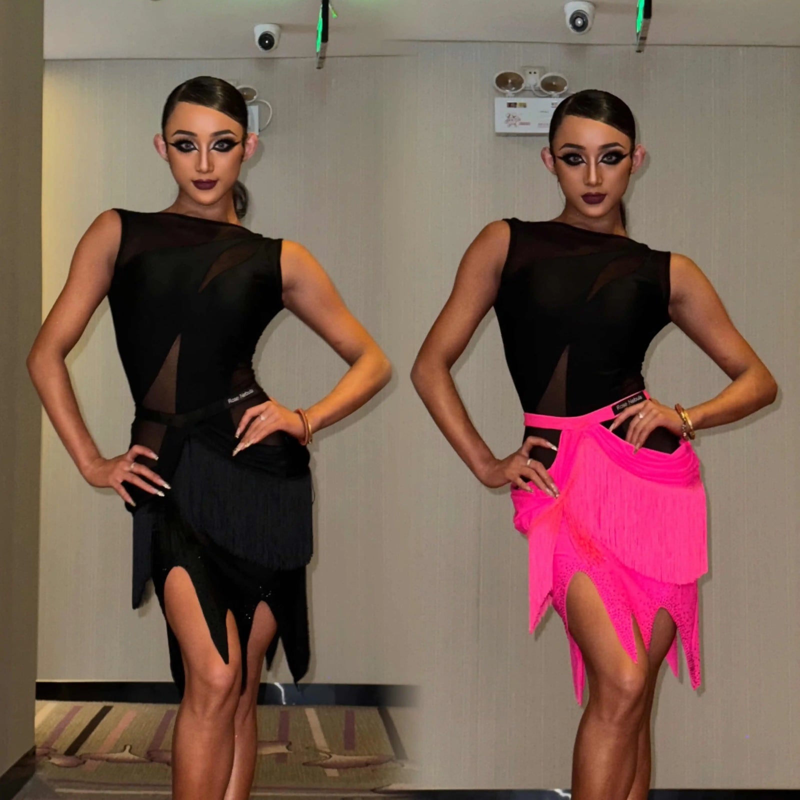 Women's Black & Hot Pink Fringe Asymmetrical Latin Rhythm Dance Dress