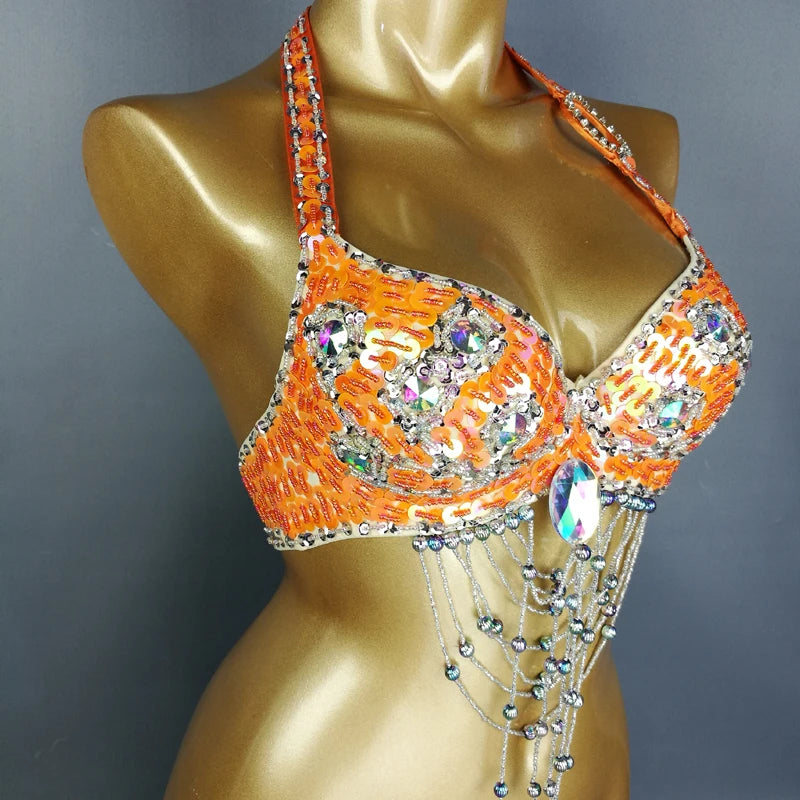 Belly Dance Halter Top, Women's Teal Sequin & Beaded Crystal Bra with Dangles, Performance Costume