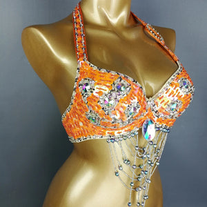Belly Dance Halter Top, Women's Teal Sequin & Beaded Crystal Bra with Dangles, Performance Costume