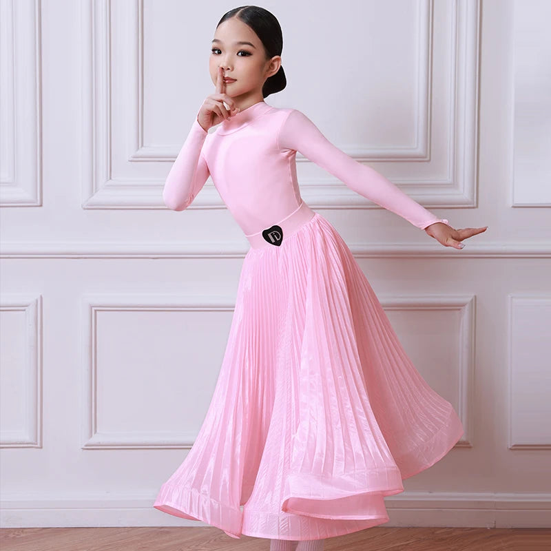 Girls Pink Long Sleeve Pleated Ballroom Dance Dress with Heart Logo