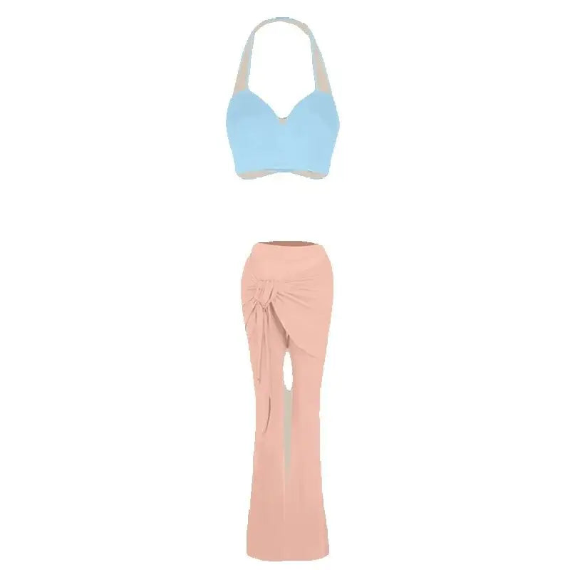 Dancewear Set Women's Light Blue & Peach Floral Halter Crop Top with Draped Wide-Leg Pants Latin Ballroom