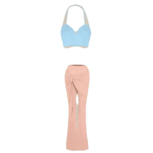 Dancewear Set Women's Light Blue & Peach Floral Halter Crop Top with Draped Wide-Leg Pants Latin Ballroom
