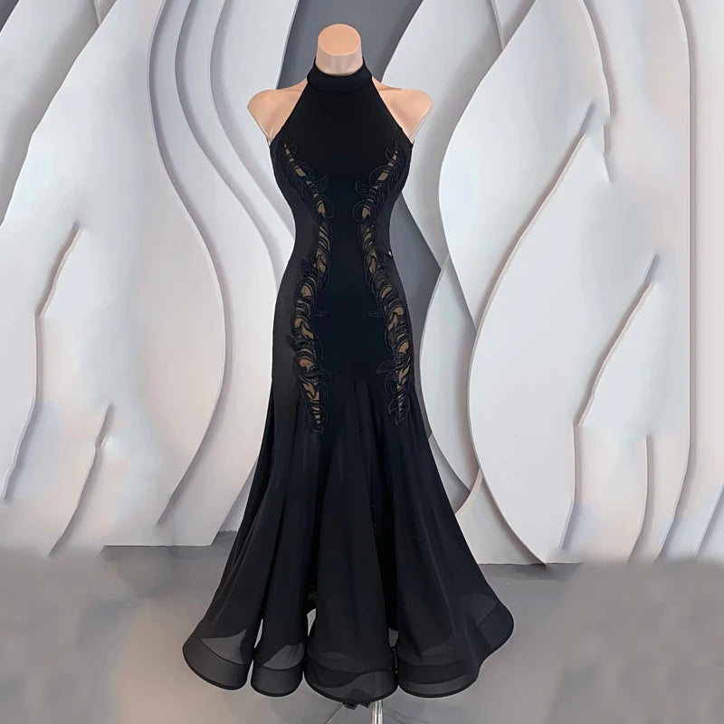 Women's Black Halter Neck Rhinestone Embellished Backless Ballroom Dance Dress