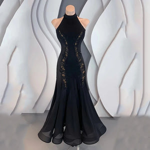 Women's Black Halter Neck Rhinestone Embellished Backless Ballroom Dance Dress