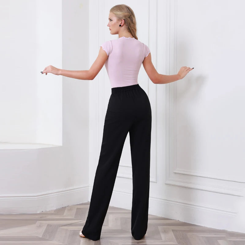 Women's Black & Pink Lace-Trim V-Neck Bodysuit with Black Pleated Wide-Leg Dance Trousers, Ballroom & Latin Dancewear