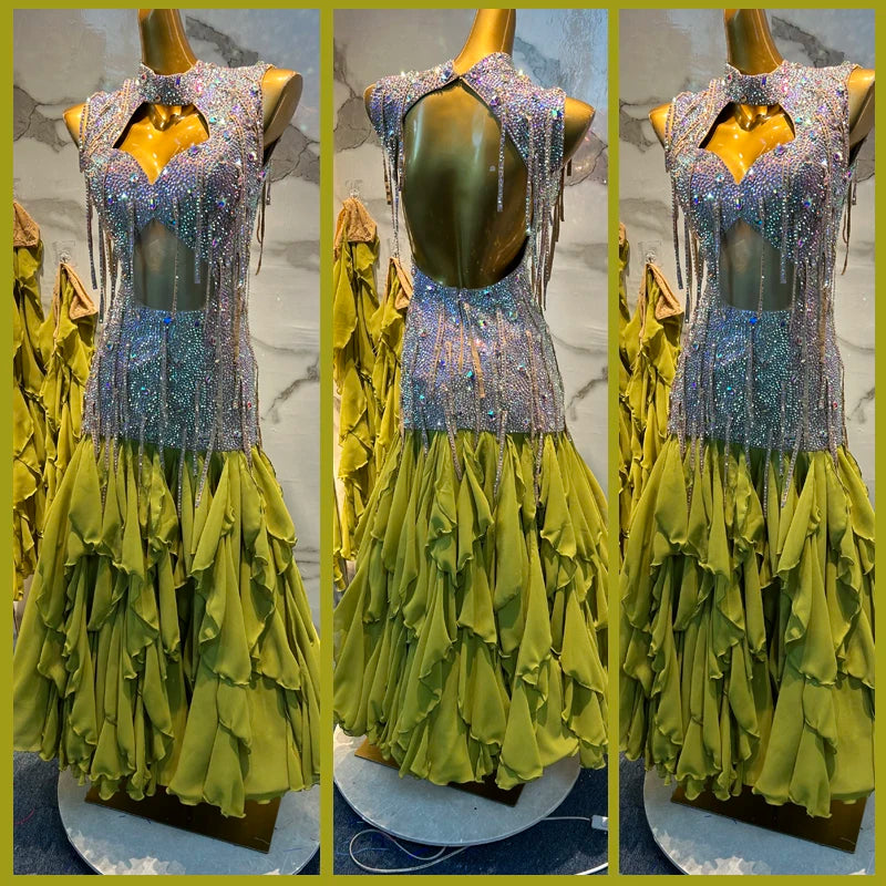 Ballroom Latin Dress Women's Green & Silver Rhinestone Fringe Open Back Ruffled Chiffon Dance Gown