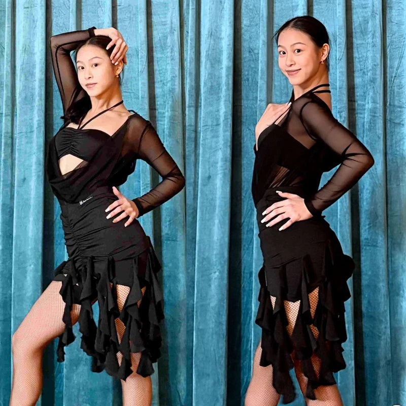 Women's Black Mesh Long Sleeve Ruched Cutout Latin Dance Dress with Ruffled Skirt