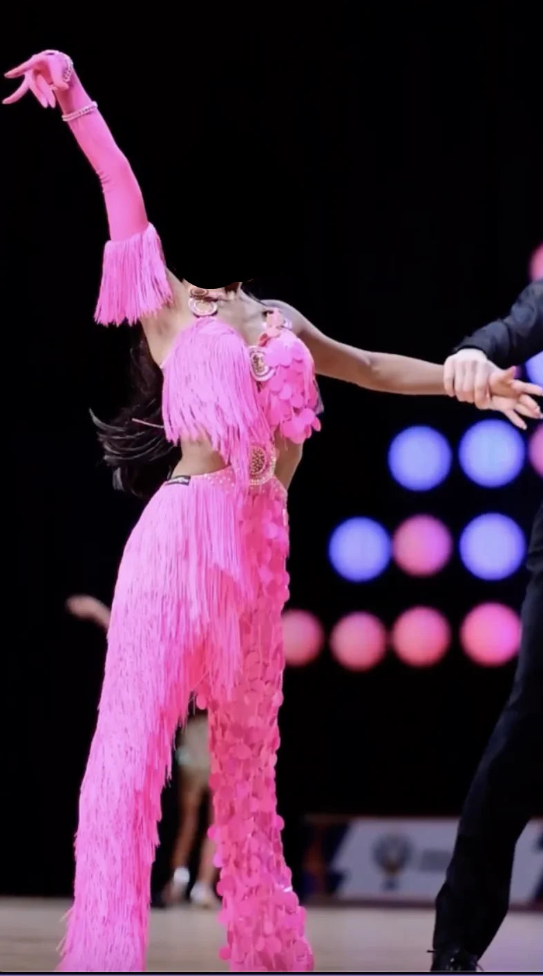 Women's Pink Fringe & Sequin Latin Dance Dress with Long Sleeves
