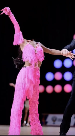 Women's Pink Fringe & Sequin Latin Dance Dress with Long Sleeves