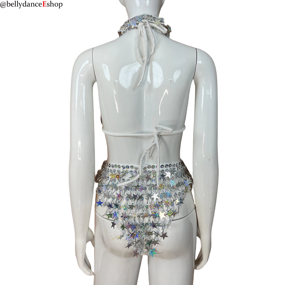 Belly Dance Women's White Sequin Star Halter Top and High-Waisted Briefs Set, Performance & Practice Wear
