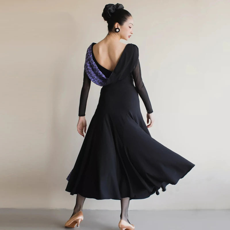 Ballroom Dance Dress Women's Black & Purple Leopard Print Long Sleeve Backless Mesh Panel Standard Smooth Gown