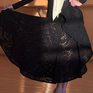 Women's Black and Cream Off-Shoulder Long Sleeve Lace Ballroom Dance Dress