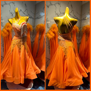 Ballroom Dance Dress Women's Orange Beaded Fringe Strappy Back Feather Accents Smooth Standard