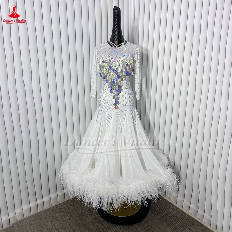 Standard Ballroom Dance Dress With Ostrich Feather Hem Full Swing Skirt White For Adult & Kids Performance