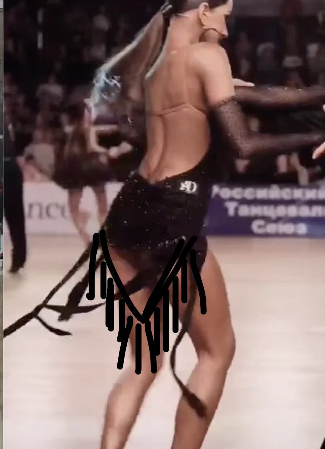 Women's Black Strapless Fringe Sequin Sheer Bodice Latin Dance Dress with Gloves