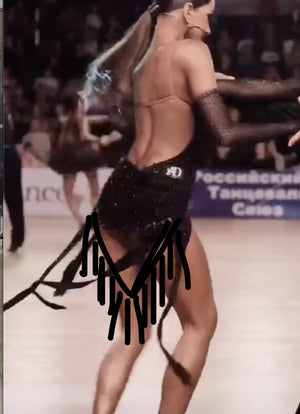 Women's Black Strapless Fringe Sequin Sheer Bodice Latin Dance Dress with Gloves