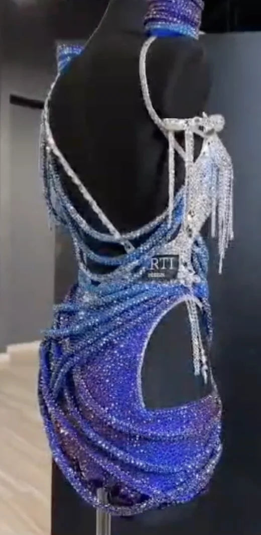 Rhinestone Belly Dance Costume, Women's Ombre Blue & Silver Crystal Embellished Two-Piece Set with Fringe & Cut-Outs, Latin Dancewear