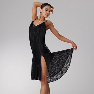 Women's Black Fringe & Lace Latin Rhythm Dance Dress