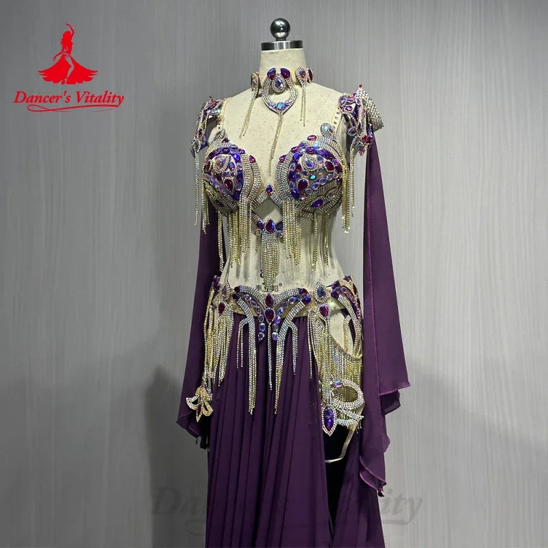 Women's Belly Dance Costume Set With Rhinestone Tassel For Professional Performance