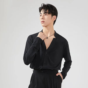 Men's Black Loose Fit V-Neck Long Sleeve Shirt for Ballroom Dance