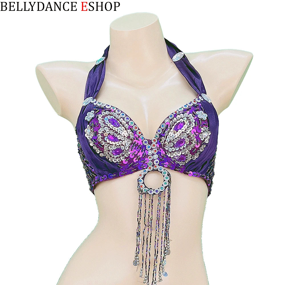 Belly Dance Bra Top, Women's Red Sequin & Beaded Halter Top with Fringe, Belly Dancing Costume