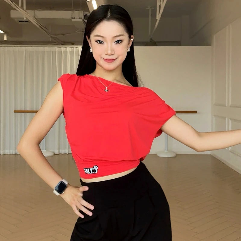 Women's Off-Shoulder Dance Top, Solid & Animal Print, Short Sleeve, Polyester Blend, Latin Dance