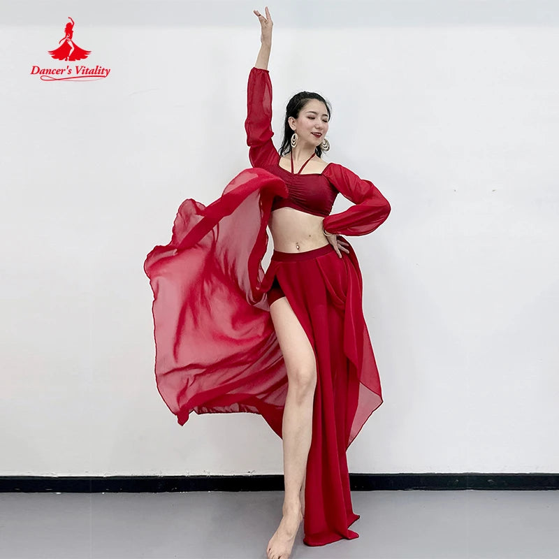 Belly Dance Costume Women's Adult Blue Chiffon Long Sleeve Halter Top & Skirt Set, Red Chiffon Long Sleeve Halter Top & High-Slit Skirt Set