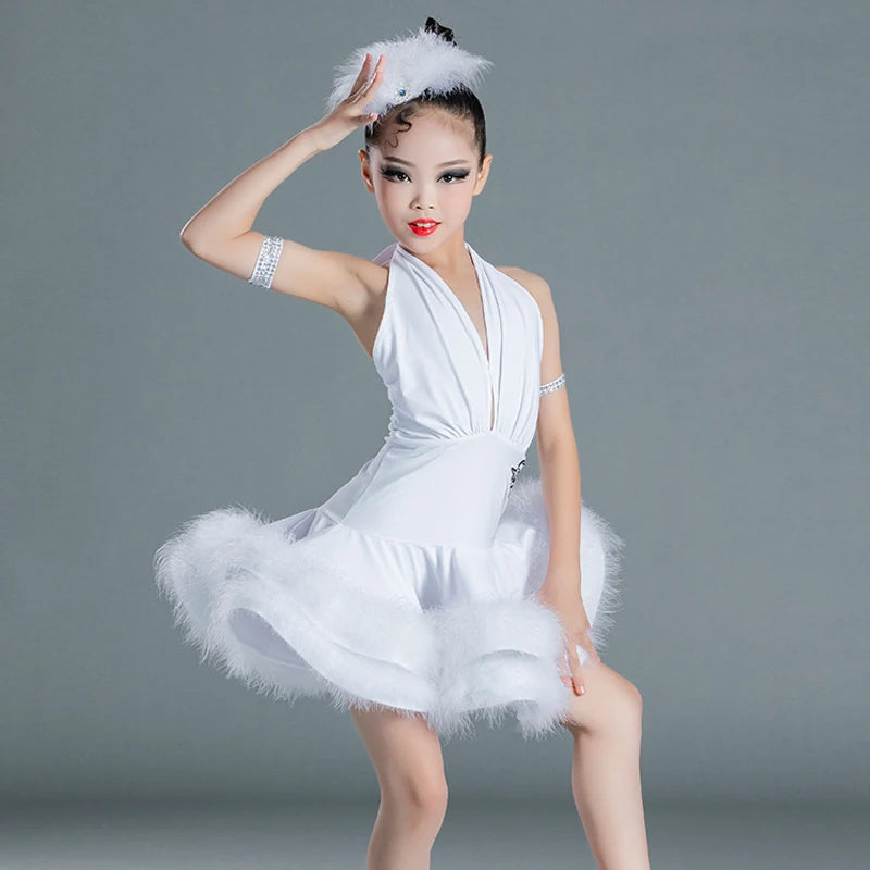 Girls Latin Dance Dress, White Halter Feathered Ruffle Skirt, Red Halter Feathered Ruffle Skirt