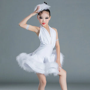 Girls Latin Dance Dress, White Halter Feathered Ruffle Skirt, Red Halter Feathered Ruffle Skirt