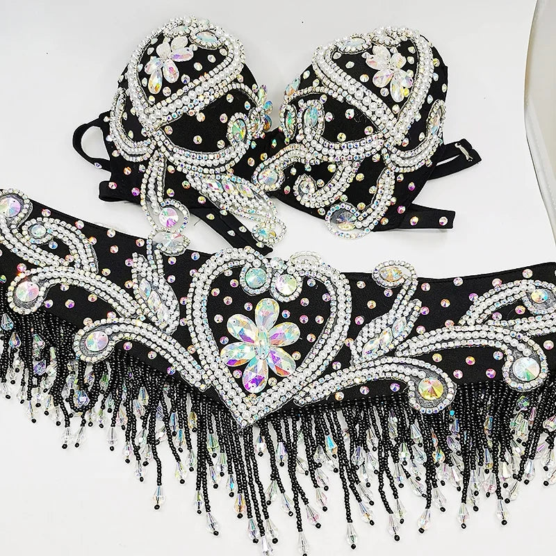 Belly Dance Bra and Belt Set, Women's White Embellished Sequin and Bead Halter Top and Fringe Hip Scarf, Professional Performance Costume