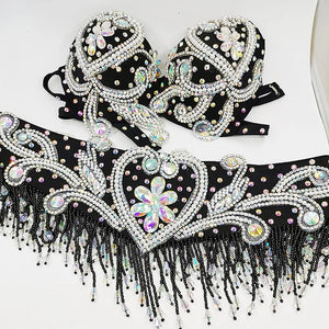 Belly Dance Bra and Belt Set, Women's White Embellished Sequin and Bead Halter Top and Fringe Hip Scarf, Professional Performance Costume