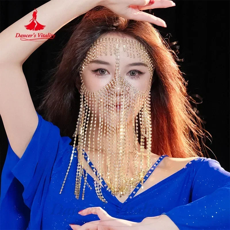 Women's Belly Dance Face Veil With Metal Diamond Chain For Adult Competition Performance