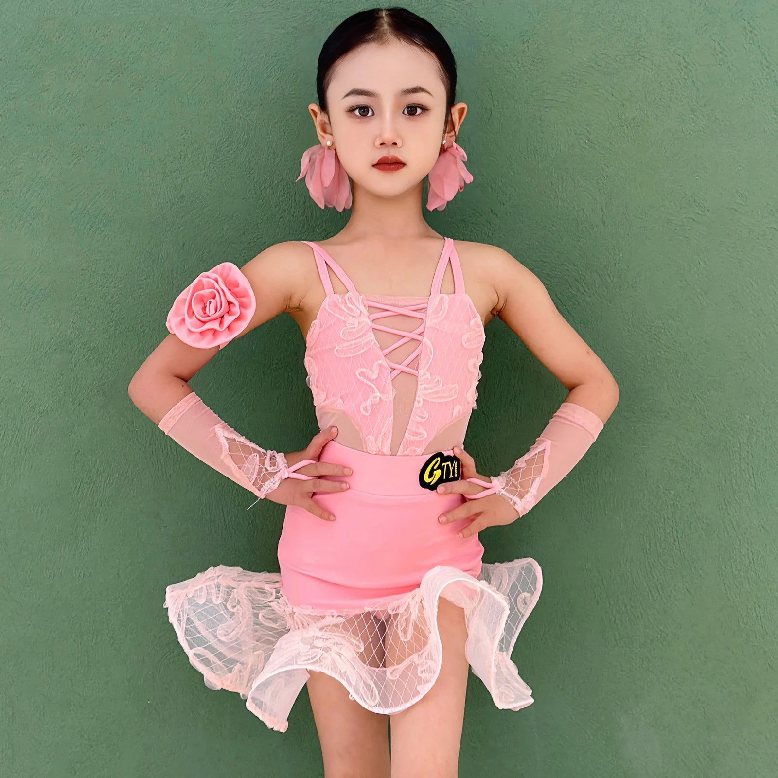 Girls Pink Lace Floral Mesh Latin Dance Dress with Arm Sleeves and Skirt Ruffle