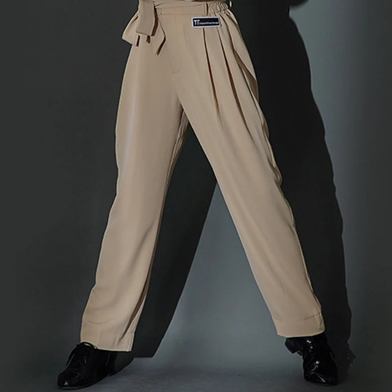 Boys Ballroom Dance Shirt with Lace-Up Neckline and High-Waisted Trousers, White, Lavender, Black Long Sleeve Latin Dance Top and Pants Set