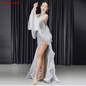 Belly Dance Costume Women's Silver Sequin Halter Top Chiffon Sleeve Slit Skirt Set, Adult