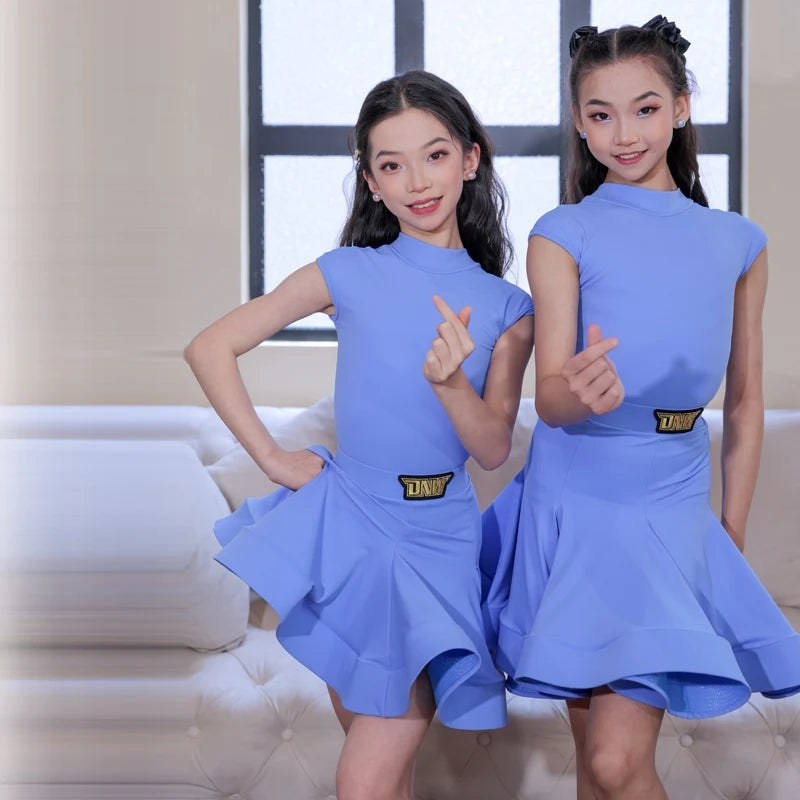 Girls Pink Short Sleeve Mock Neck Ruffle Latin Dance Dress