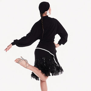 Latin Dance Dress Women's Black Long Sleeve Asymmetrical Top with Tie-Front, Ruched Fringe Sequin Skirt Set